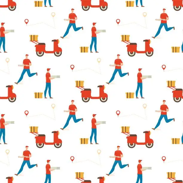 Vector illustration of Pizza Delivery Guy Flat Vector Seamless Pattern