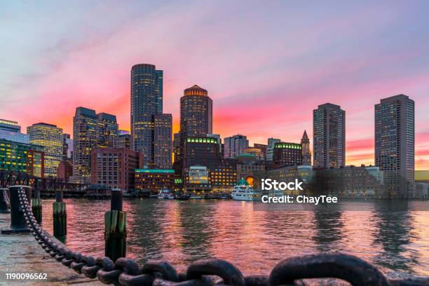 Boston Skyline And Fort Point Channel At Sunset As Viewed Fantastic Twilight Or Dusk Time From Fan Pier Park In Boston Massachusetts Usa United State Downtown Beautiful Colorful Skyline Stock Photo - Download Image Now