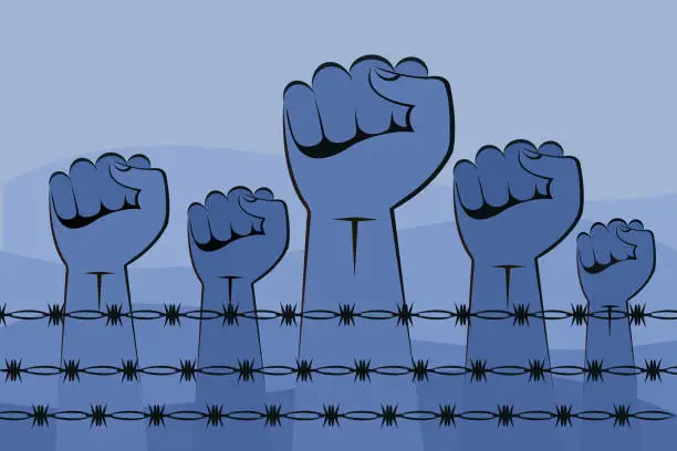 Vector illustration of Hands showing strength behind barbwire