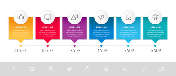 Vector modern infographic flat template pin for six paper label, diagram, graph, presentation Business concept with 6 options and marks. Blank space for content, step for step, timeline, workflow timeline 6 points stock illustrations