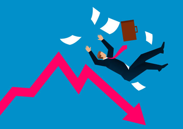recesja, biznesmen spada od strzałki - reducing gear stock illustrations
