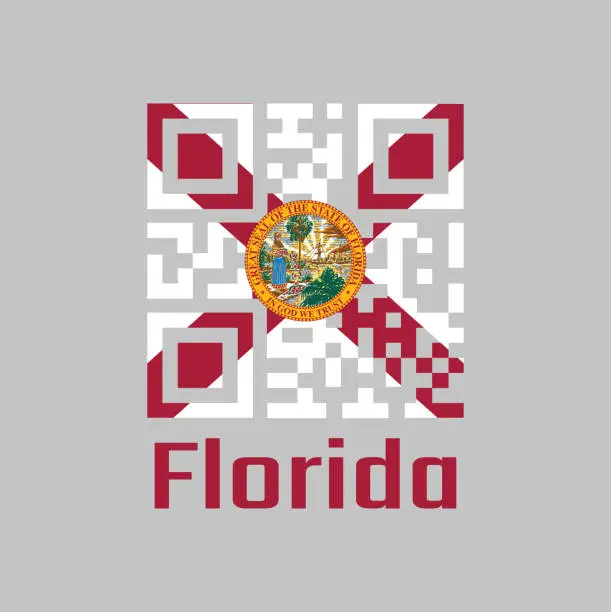 Vector illustration of QR code set the color of Florida flag. The states of America, a red saltire on a white background, with the state seal superimposed on the center.