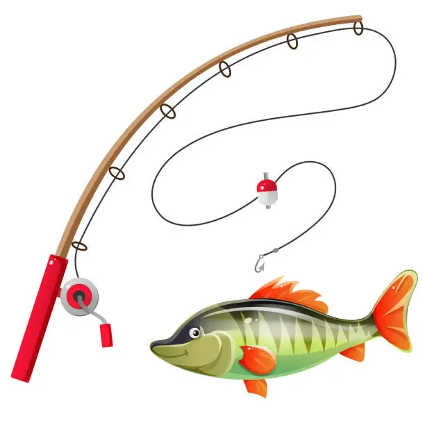 Vector illustration of Color image of cartoon fishing rod with big fish on white background. Hobby and fishery. Vector illustration.