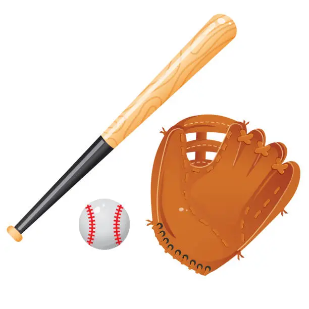 Vector illustration of Color images of baseball bat, of ball and of catcher's mitt or glove on white background. Sports equipment. Vector illustration set.