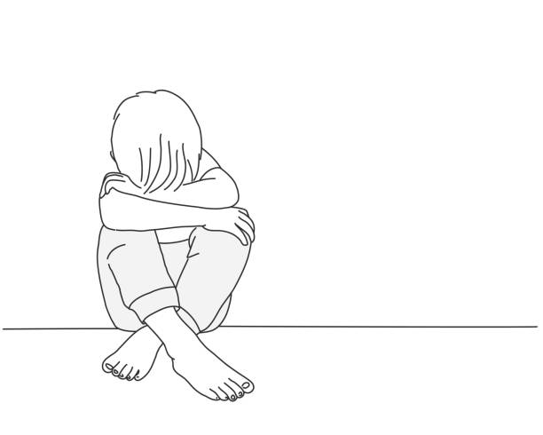 ilustraciones, imágenes clip art, dibujos animados e iconos de stock de boceto del niño. el chico se sienta con la cabeza de rodillas. - sadness teenager little boys depression