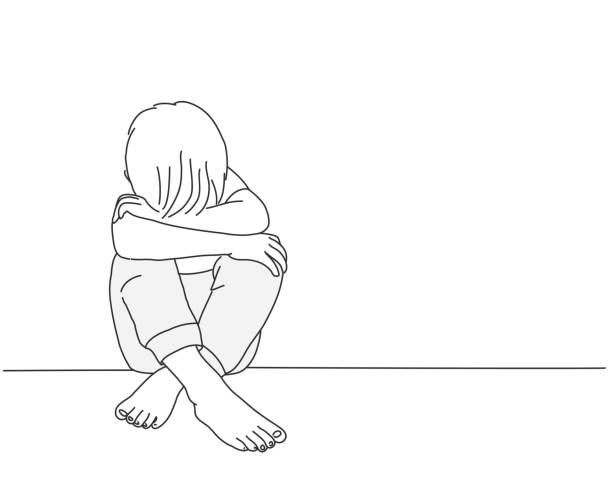 Sketch of child. Boy sits with his head on his knees. Line drawing vector illustration. sadness stock illustrations