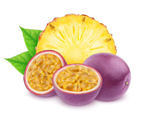 Composite image with exotic fruits - pineapple and passion fruit isolated on white background. With clipping path.