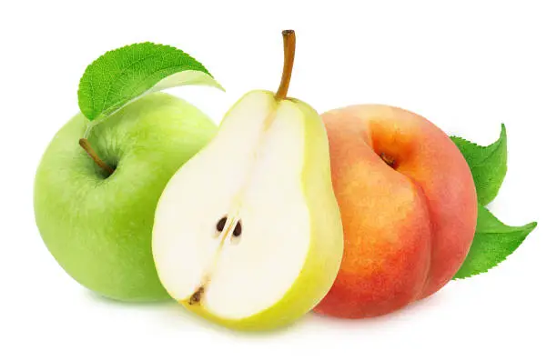 Photo of Composition with apple, peach and pear isolated on a white background.