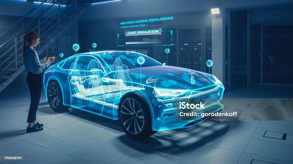 Female Automotive Engineer Uses Digital Tablet with Augmented Reality for Car Design Analysis and Improvement. 3D Graphics Visualization Shows Fully Developed Vehicle Prototype Analysed and Optimized Car Stock Photo