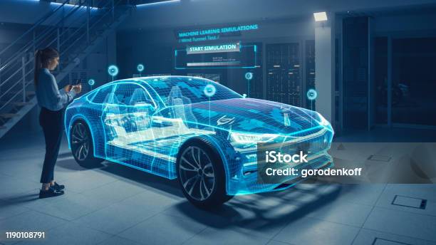 Female Automotive Engineer Uses Digital Tablet With Augmented Reality For Car Design Analysis And Improvement 3d Graphics Visualization Shows Fully Developed Vehicle Prototype Analysed And Optimized Stock Photo - Download Image Now