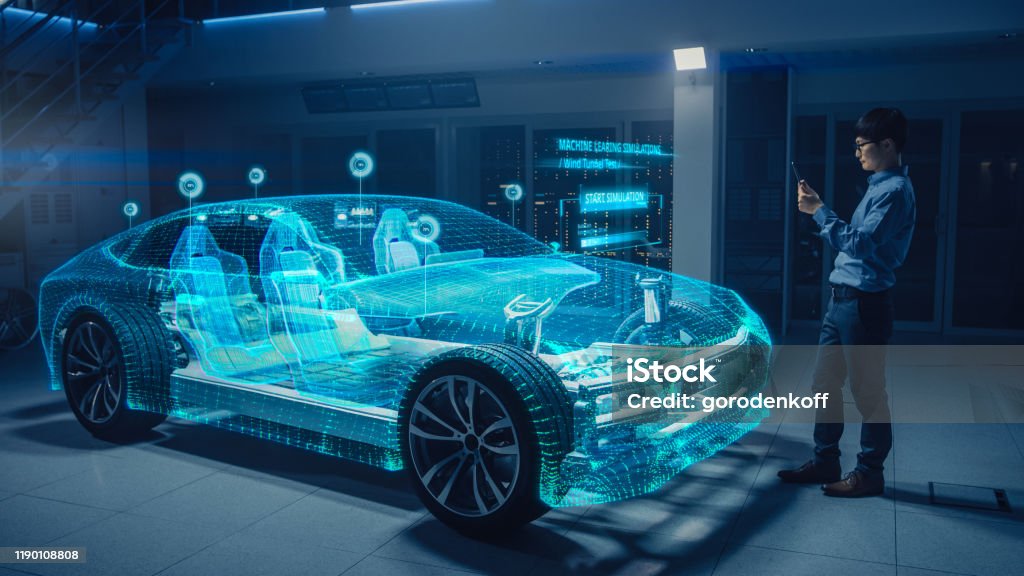 Automotive Engineer Using Digital Tablet Computer with Augmented Reality 3D Software for 3D Car Model Design Analysis and Improvement. Futuristic Facility: Virtual Design with Mixed Technology. Car Stock Photo
