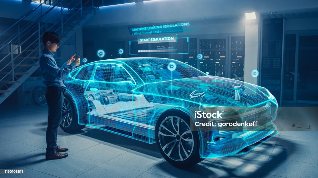 Automotive Engineer Uses Digital Tablet with Augmented Reality for Car Design Analysis and Improvement. 3D Graphics Visualization Shows Fully Developed Vehicle Prototype Analysed and Optimized Car Stock Photo