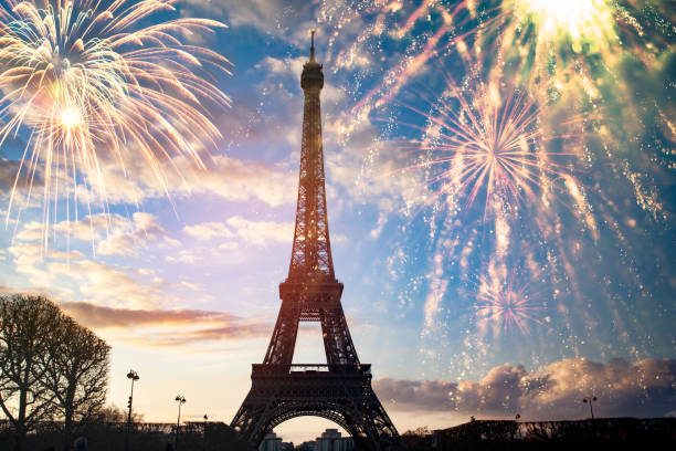 Colorful fireworks in Paris, Eiffel tower. stock photo