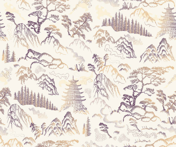 Vector seamless pattern of hand drawn sketches in Japanese and Chinese nature ink illustration sumi-e tradition. Textured fir pine tree, pagoda temple, mountain, river, pond, rock on a beige background Vector seamless pattern of hand drawn sketches in Japanese and Chinese nature ink illustration sumi-e tradition. Textured fir pine tree, pagoda temple, mountain, river, pond, rock on a beige background china east asia illustrations stock illustrations