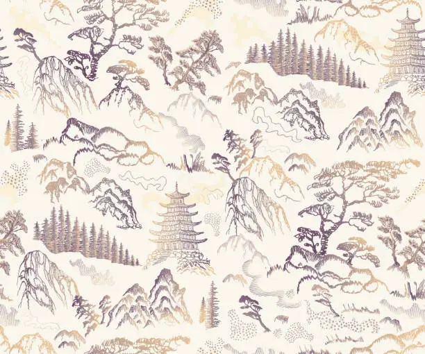 Vector illustration of Vector seamless pattern of hand drawn sketches in Japanese and Chinese nature ink illustration sumi-e tradition. Textured fir pine tree, pagoda temple, mountain, river, pond, rock on a beige background
