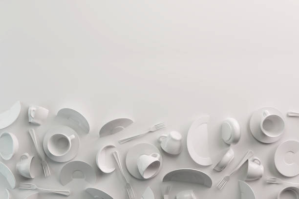 istock White Food background concept for design menu restaurant or cafe. Copy space for your logo. Food flyer. Ceramic Plates and Dishes. White coffee mugs and saucers on a white background. 3d render 1190116069