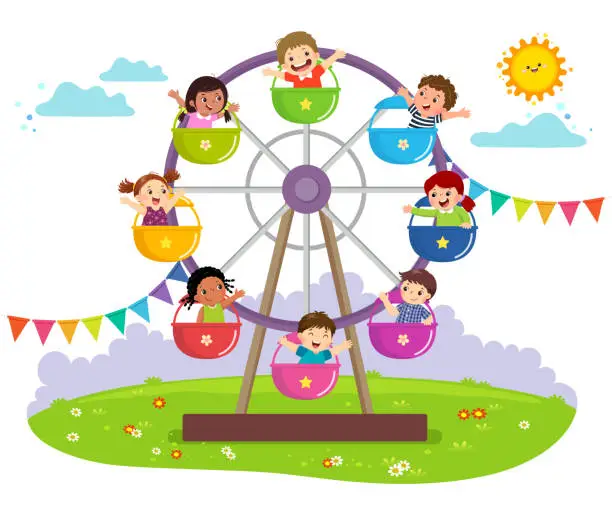 Vector illustration of Vector illustration of kids riding on wheel ferris in an amusement park.