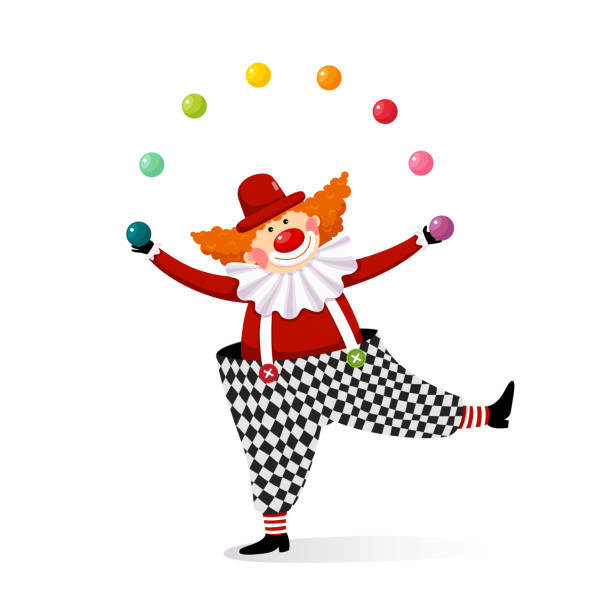 illustrations, cliparts, dessins animés et icônes de dessin animé d'illustration de vecteur d'un clown mignon jonglant avec des boules colorées. - juggling