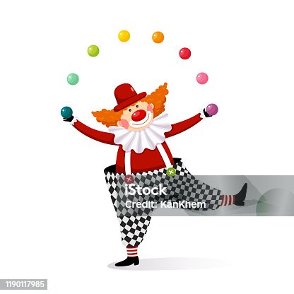 istock Vector illustration cartoon of a cute clown juggling with colorful balls. 1190117985