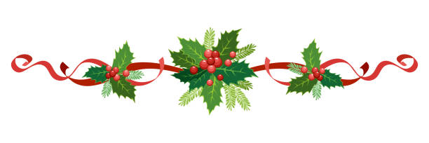 Christmas, New Year holiday decoration. Vector illustration garland of holly with red berries, ribbons, poinsettia, fir-tree branches. Frame, border for Christmas cards, banners. Christmas, decorations-garlands, wreaths, poinsettia, leaves, Holly, berries. For social networks, postcards, packaging, design of children's books. holly stock illustrations