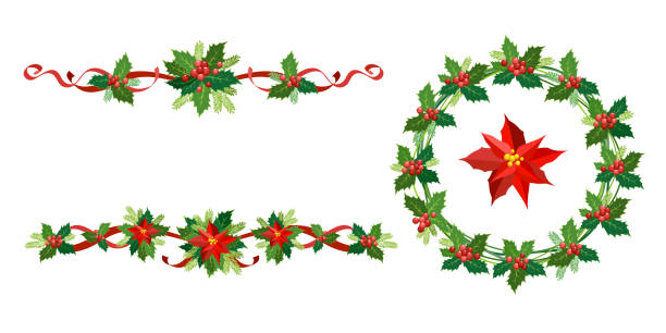 Christmas, New Year holiday decoration set. Vector illustration wreath of holly with red berries, ribbons, poinsettia, fir-tree branches. Round frame, garland for Christmas cards, banners. Christmas, decorations-garlands, wreaths, poinsettia, leaves, Holly, berries. For social networks, postcards, packaging, design of children's books. thorn wreath stock illustrations