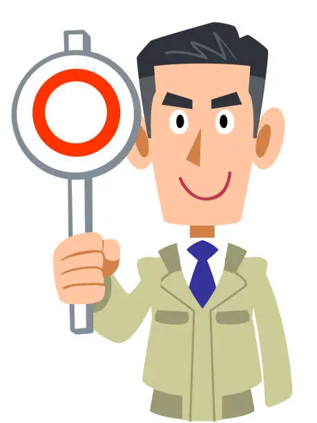 Vector illustration of Upper body of a man in work clothes putting out the correct answer