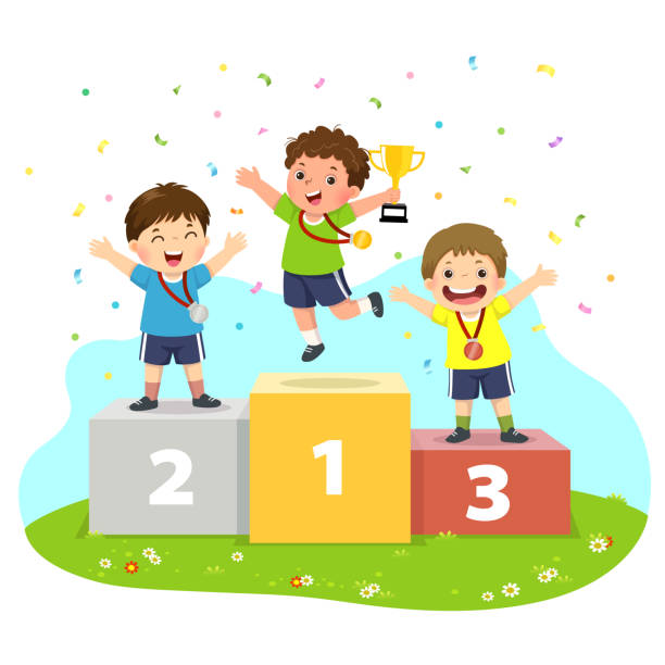 ilustrações, clipart, desenhos animados e ícones de ilustração do vetor de três meninos com medalhas que estão no suporte dos vencedores do esporte e que prendem um troféu. - medal winners podium second place first place