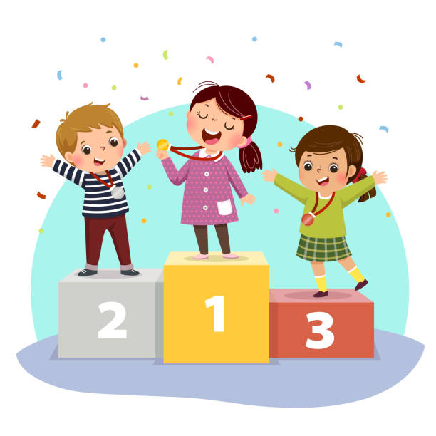 ilustrações de stock, clip art, desenhos animados e ícones de vector illustration of three kids with medals standing on winners pedestal. - second place illustrations
