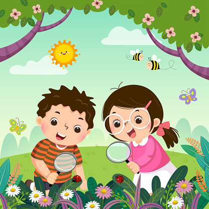 Vector illustration of two kids looking through magnifying glass at ladybugs on plants. Children observing nature.