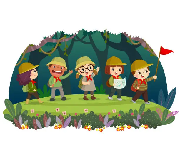 Vector illustration of Group of kid travelers with backpack hiking in the forest. Children have summer outdoor adventure.