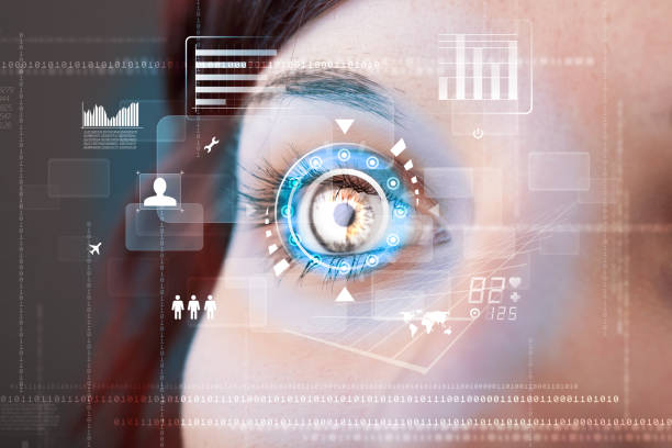 istock Future woman with cyber technology eye panel concept 1190124483