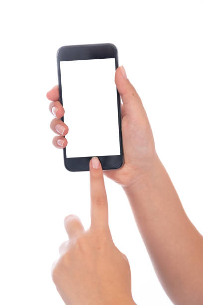 istock Smartphone with a blank white screen. New popular smartphone in hand on white background 1190126288