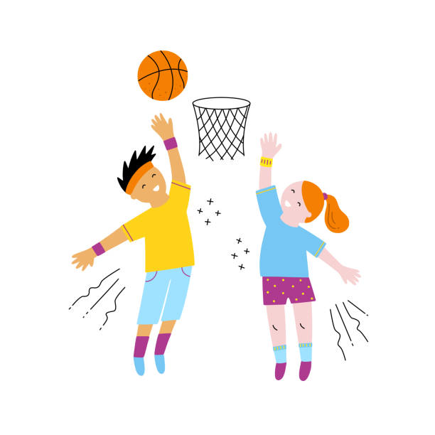 chłopiec i dziewczyna gra koszykówki ilustracji wektora. dzieci z piłką i koszem na białym tle. śmieszne aktywne sportowe dzieci - basketball little boys male young adult stock illustrations