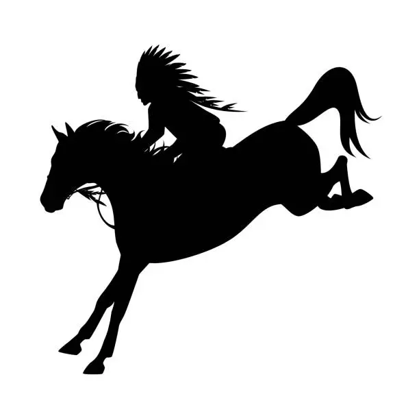 Vector illustration of native american tribal chief riding horse black vector silhouette