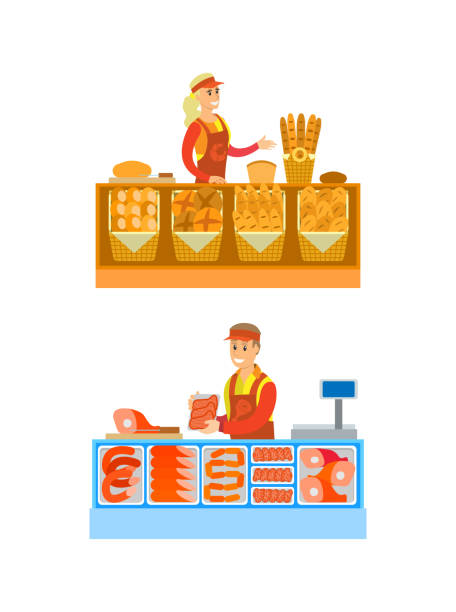 ilustrações de stock, clip art, desenhos animados e ícones de supermarket stores department bakery set vector - supermarket meat store manager