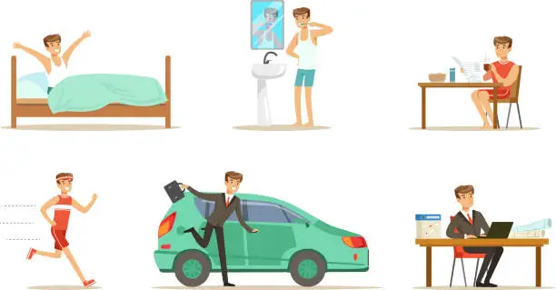 Vector illustration of Morning routine of a mans day. Set of vector illustrations