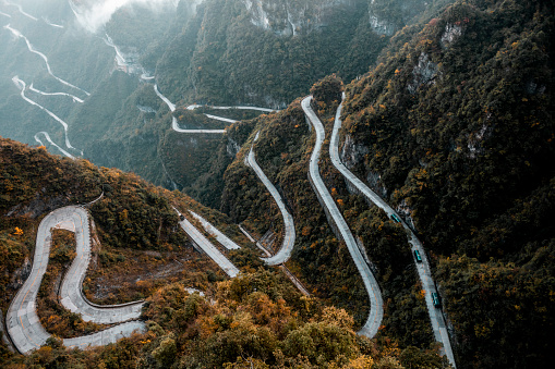 Long slithering curvy mountain road of Zhangjiajie (张家界), on the Tianmen mountain (天门山), China, taken from a helicopter.