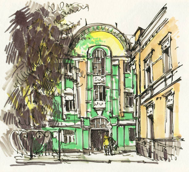 городской эскиз - color image pen city life art stock illustrations