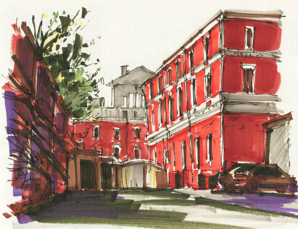 городской эскиз - color image pen city life art stock illustrations