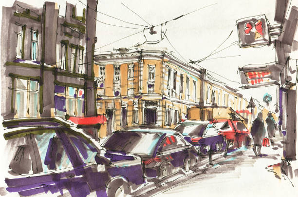 городской эскиз - color image pen city life art stock illustrations