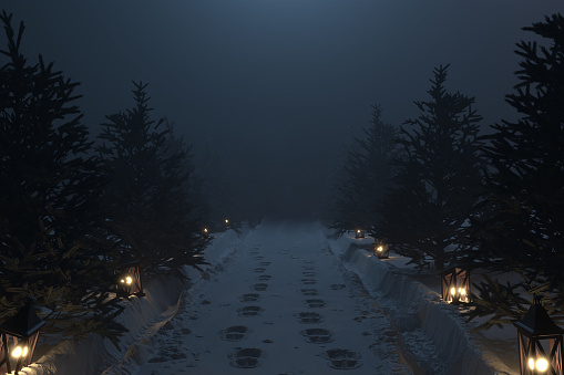 3d rendering of countryside road with snow trails and wooden lantern nect to fir trees at night