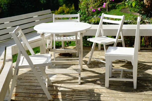 Wooden tables and chairs of cafe Set of wooden furniture for outdoor recreation round wooden chair stock pictures, royalty-free photos & images