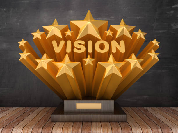 istock Gold Stars with VISION Word  on Trophy - Chalkboard Background - 3D Rendering 1190141613
