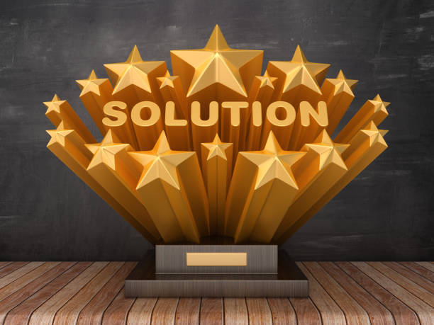 istock Gold Stars with SOLUTION Word  on Trophy - Chalkboard Background - 3D Rendering 1190141671