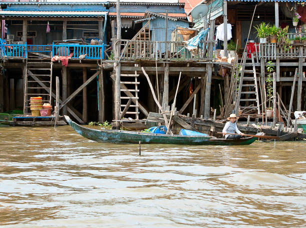 Vietnamese floating village during monsoon season on Tonle Sap river at Kampong Chhnang in Cambodia.
