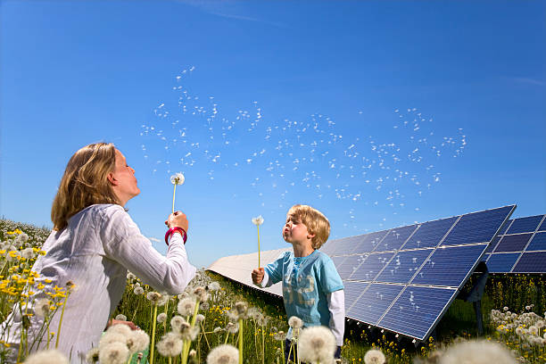 mère et fils avec des panneaux solaires - mother family vertical flower photos et images de collection