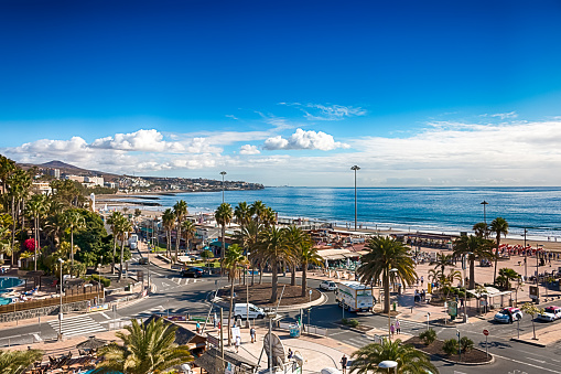 Playa del Ingles, Spain - January 25 2019: View of Beach in Playa del Ingles, Maspalomas, Gran Canaria, Spain. HDR.