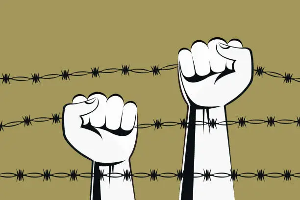 Vector illustration of Illustration of Hands holding the barbed wire