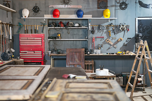 Workshop Retro Example Retro Vintage Workshop With Misc Tools Stock Photo - Download Image Now ...