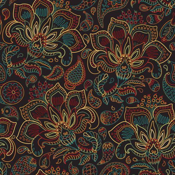 ilustrações, clipart, desenhos animados e ícones de vector padrão sem costura da mão desenhado fantasia paisley e flor em um fundo preto. estampa floral do contorno indiano. papel de parede, papel de parede, impressão têxtil, batik - seamless paisley floral pattern pattern